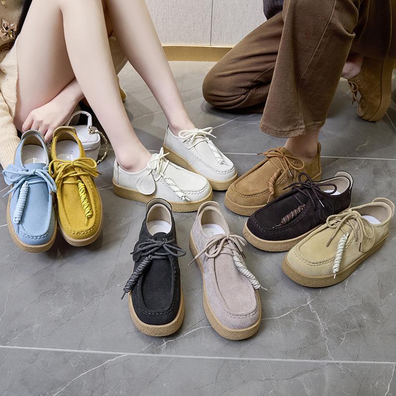 High Quality Suede Leather Loafers Women Round Toe Lace Up Fringe Thick Sole Shoes Casual Comfort Outdoors Flat Walk Shoes Woman