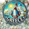 Greek Folk Art Metal Tin Sign Traditional Woman Windmill Seascape Blue White Decor