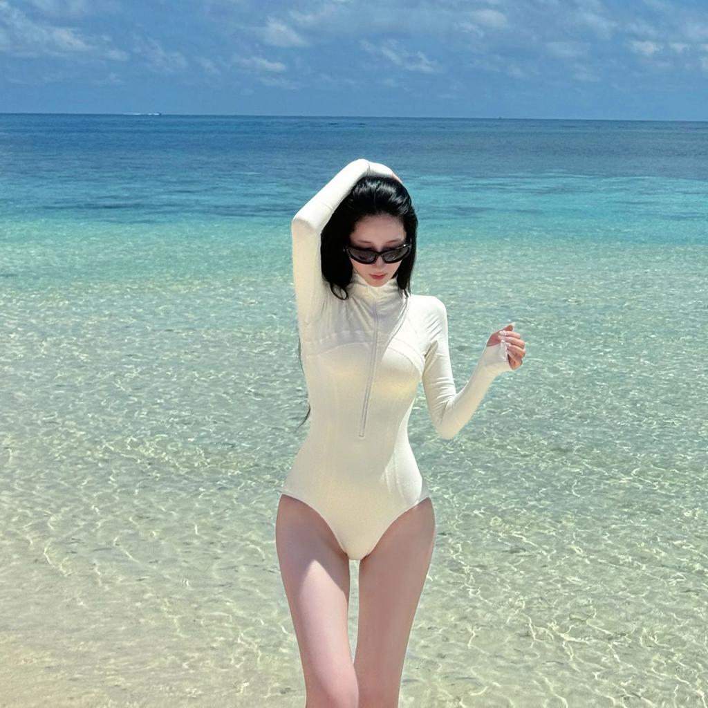 Sunscreen Snorkeling One-Piece Triangular Long-Sleeved Wetsuit Swimsuit Female Jellyfish Suit Swimsuit Female White Conservative