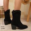 Klobige Absatz-Stiefeletten für Damen  Neue Winter-Nietenschuhe Kuhveloursleder Spitzschuh Damenstiefel Retro Cowboy-Stiefel Weiblich