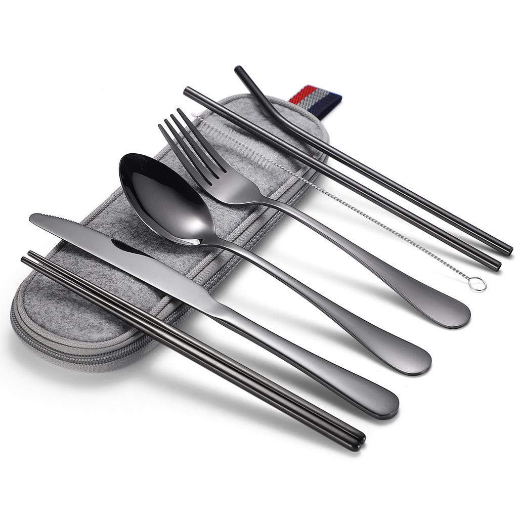 Stainless Steel Tableware Set, Portable 7-piece Set, Knife, Fork, Spoon, Chopsticks, Straw, Camping Supplies Storage, Cross-border Durability 2026