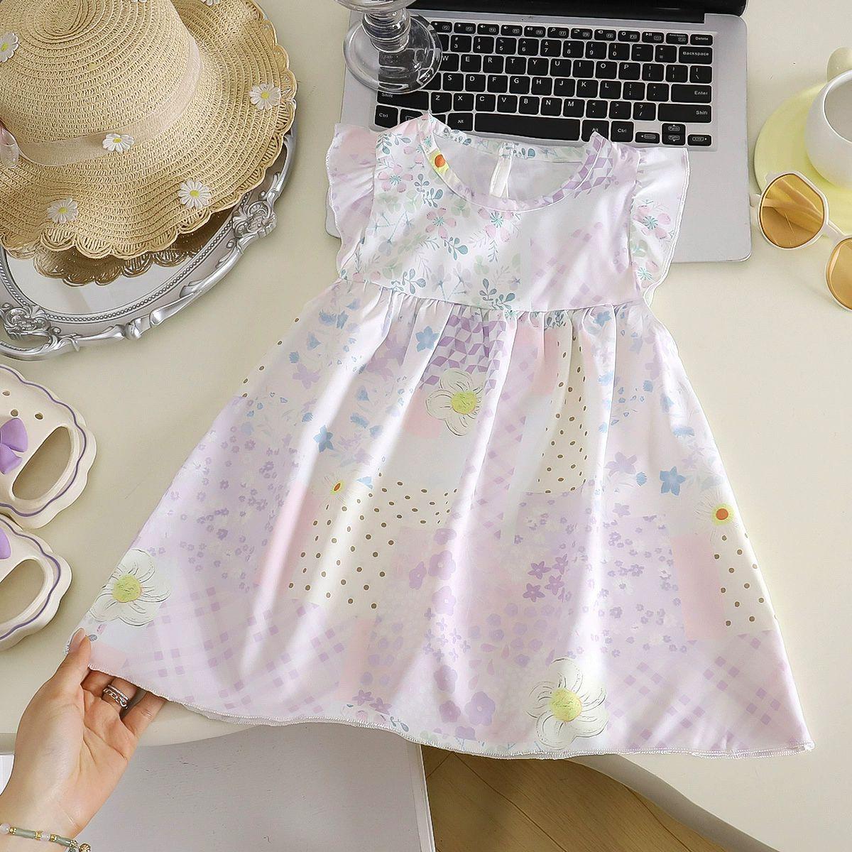Girls Summer Floral Flutter Sleeve Vest Dress Sweet Princess Childrens Casual Sundress For Kids 80cm