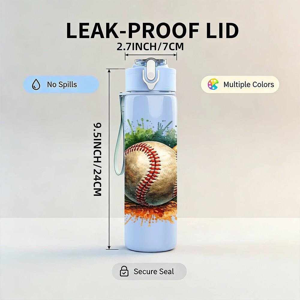 1PC Vintage Baseball Ball Pattern 750ml Color Plastic Sports Water Bottle Leakproof Flip Straw Lid Suitable for Sports Office Home Use