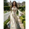 Garden Rose Medieval Maxi Dress, Flare Long‑Sleeve V‑Neck Elf Gown, Bohemian Robe for Renaissance Cosplay Party Shoot