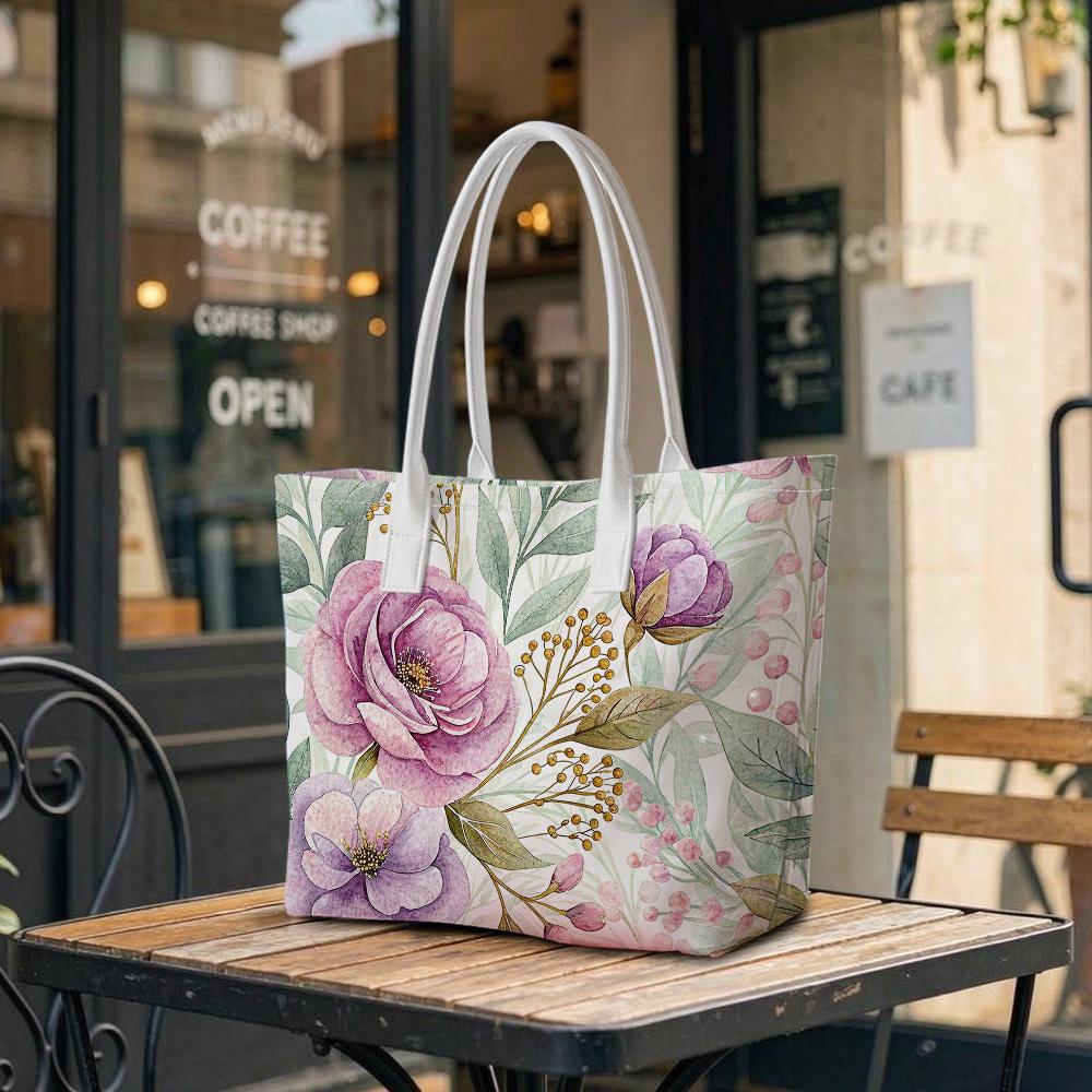 Elegant Watercolor Floral Women Casual Daily Tote Bag Fashion Lightweight Commuter Shoulder Bag