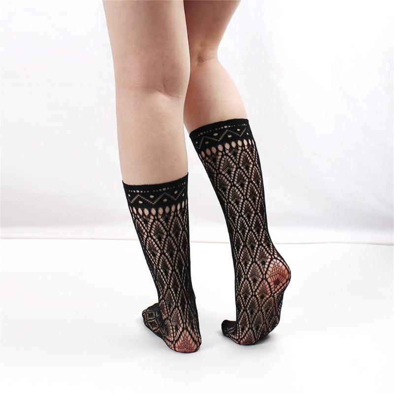 1 Pair Japanese Styles Fishnet Mesh Hollowout Patterned Stockings Breathable Thin Middle Calf Socks for Women and Girls