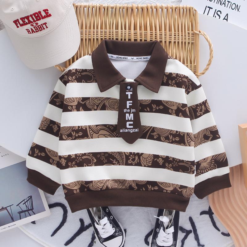 Boys' long sleeved two-piece set - tie striped POLO shirt+casual pants - High-quality clothing - size S-XXL