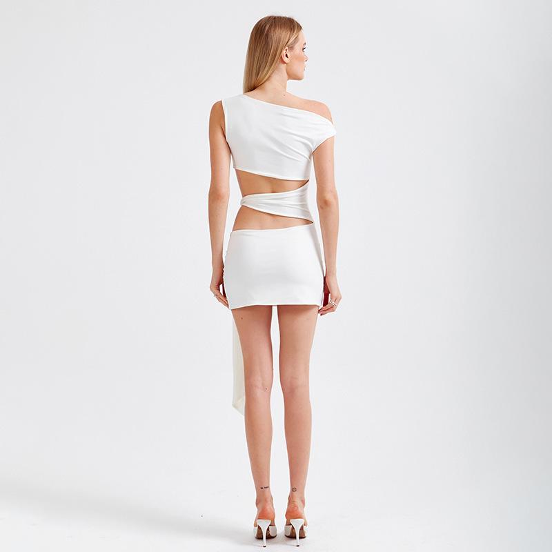 Irregular Diagonal Collar Waist Hollow Dress