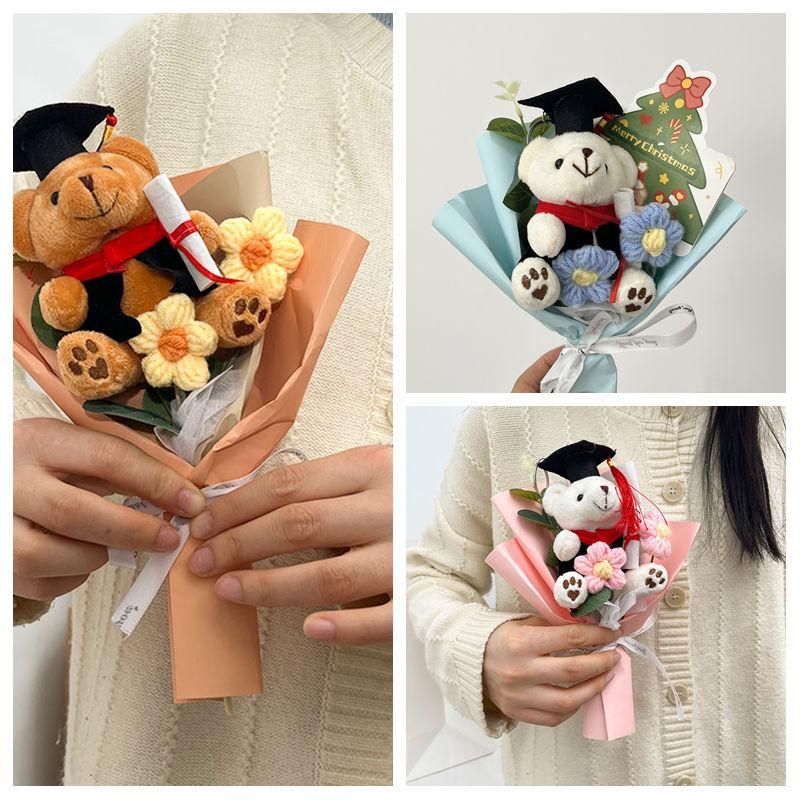 Mini Dr Bear Flower Bouquet Artificial Flowers Mother's Day Gift Flowers Handmade Knitting Flower for Graduation Birthday Decor