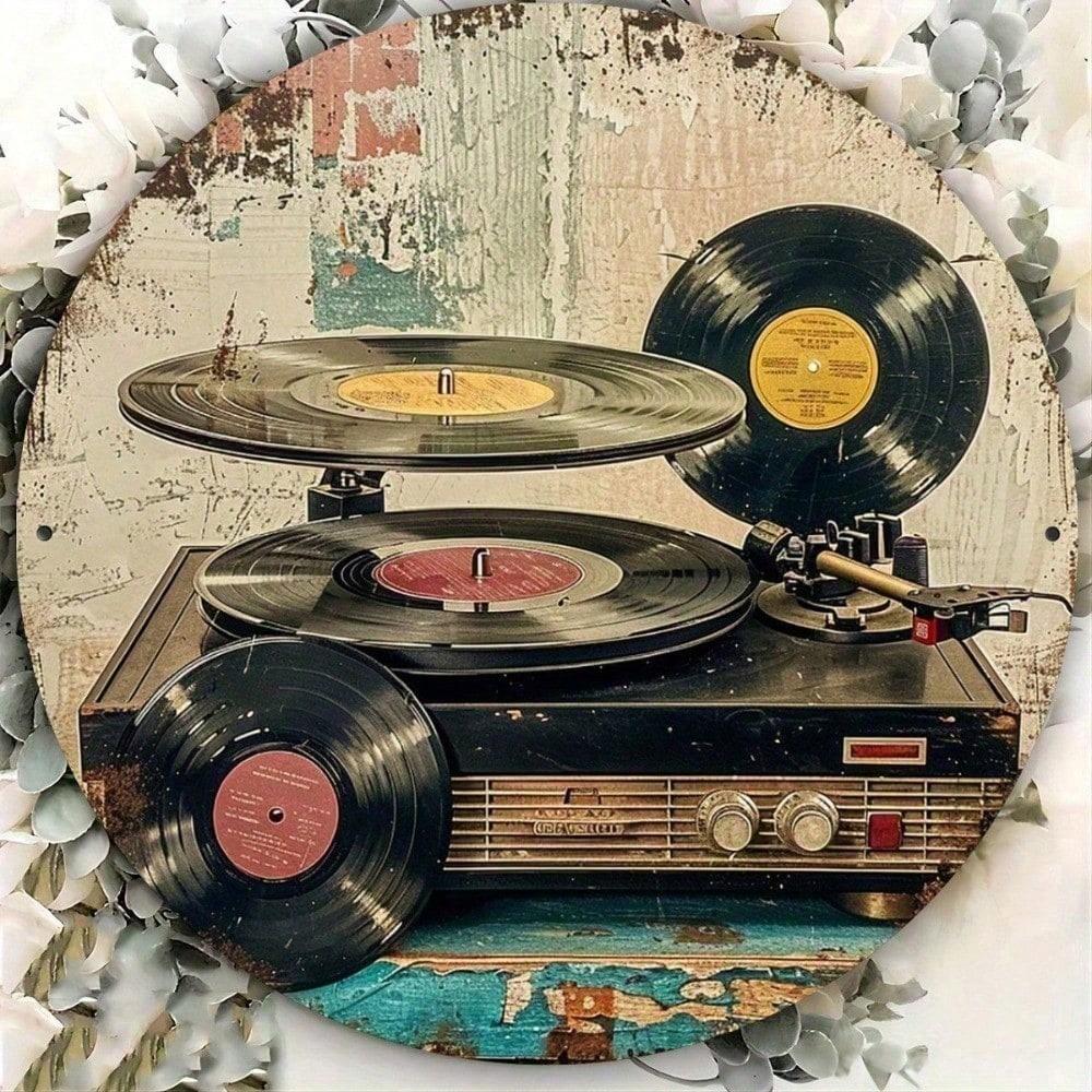 

DORA Tin Sign Vintage Metal Tin Sign Record Player Retro Home Cafe Garden Decor Gift 20x20cm(8x8inch)