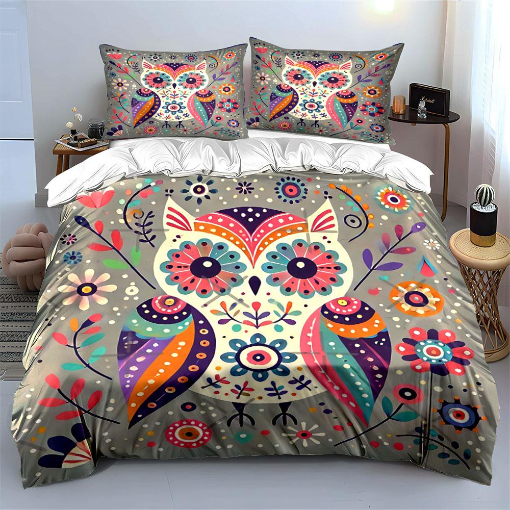 Colorful Owl and Floral Design Bedding Duvet Cover Set Duvet Cover Pillowcases  (1*Duvet Cover 2*Pillowcases, without duvet insert)