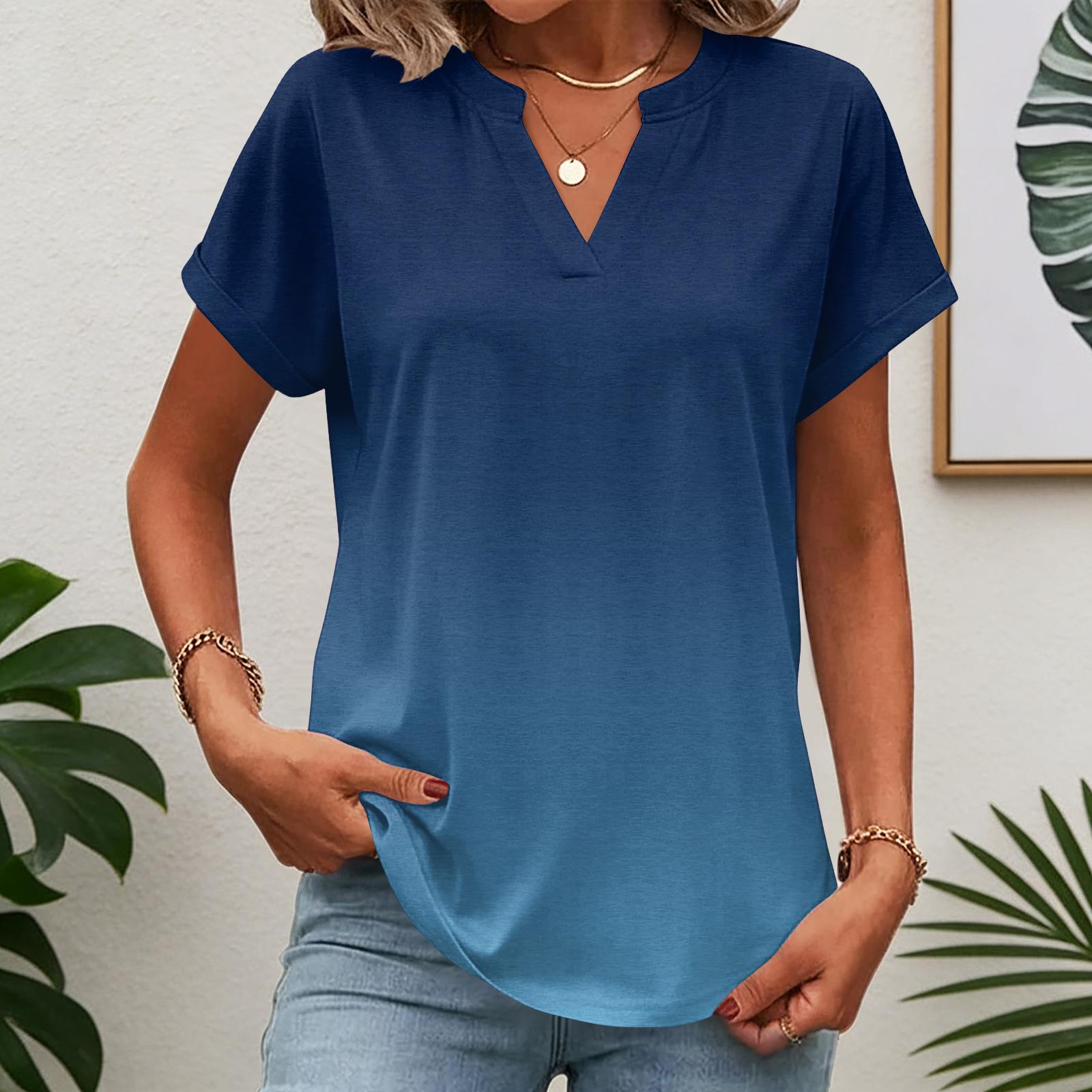 

Женские топы с коротким рукавом Летние футболки с V-образным вырезом Рабочие блузки Деловые туники XXL синий
