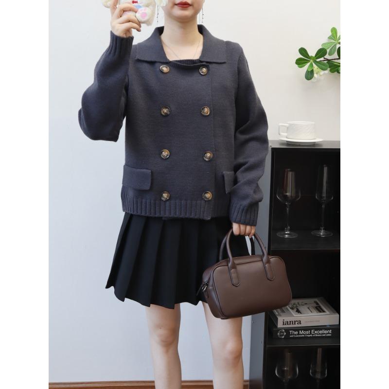 Premium lapel double-breasted sweater jacket women's autumn and winter new retro loose solid color knitted cardigan
