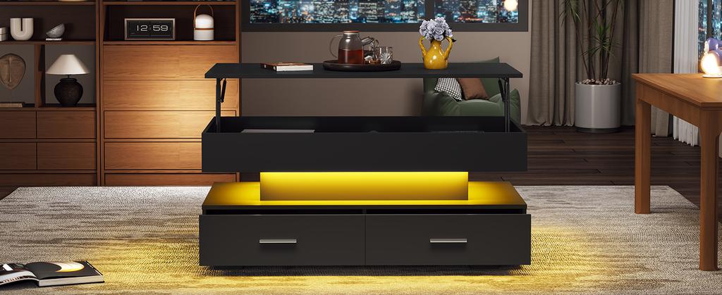 100*50*44cm Hydraulic Height-adjustable Coffee Table, with LED Lighting, Bluetooth App Control, 2 Drawers and Open Storage, Black Liftable