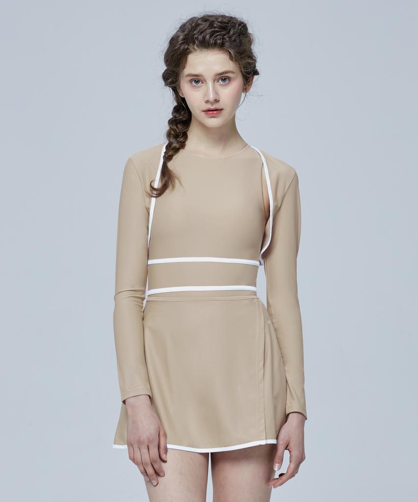 Leijibi [Set] Multi-Tension Halterneck Swimsuit 3-Pcs Set Beige