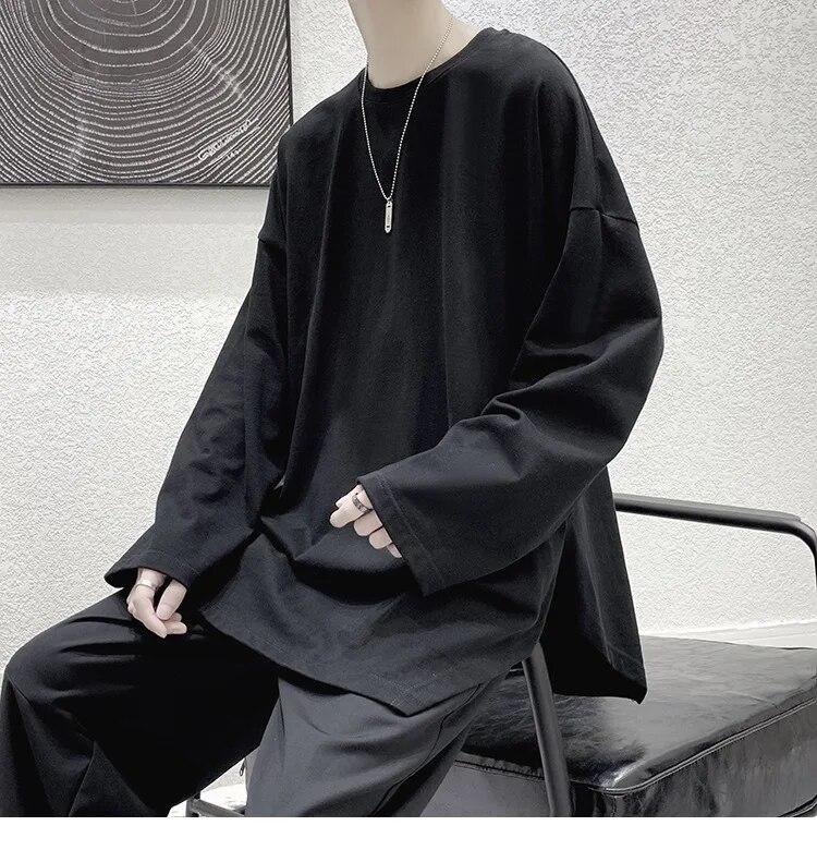 

Весенне-летние однотонные топы, уличная одежда большого размера, нерегулярная свободная мужская футболка с длинными рукавами, модная мужская одежда с разрезом вилки XL чёрный