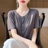 Women's Spring and Summer Models Worsted Single-breasted Medium-sleeved Bottoming Shirt Personality Cardigan Round Neck Casual Tops