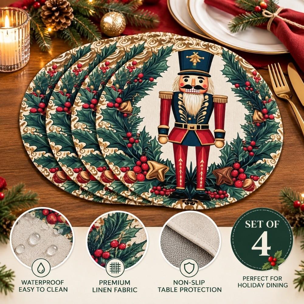 4Pcs Heat Resistant Linen Placemat Anti-slip Snowflake Placemat Christmas Round Placemat Party