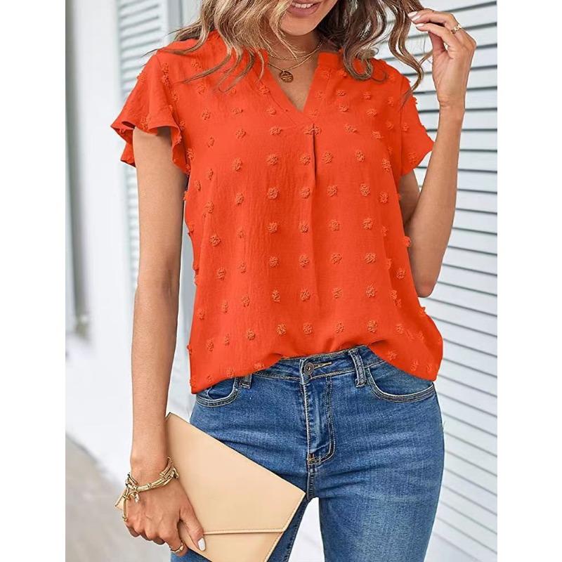 Summer V-neck Floral-sleeved Chiffon Shirt Short-sleeved Women’s T-shirts