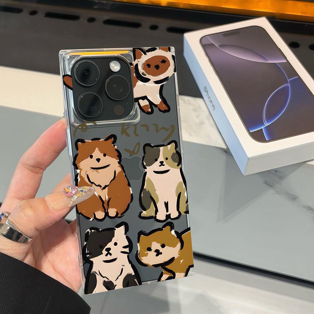 Square Back Tube Protection Clear Case For iPhone 11 15 Plus 16 ProMax 12 13 14 Pro Max Anti-Oxygen,Cartoon Cat Pattern Casing