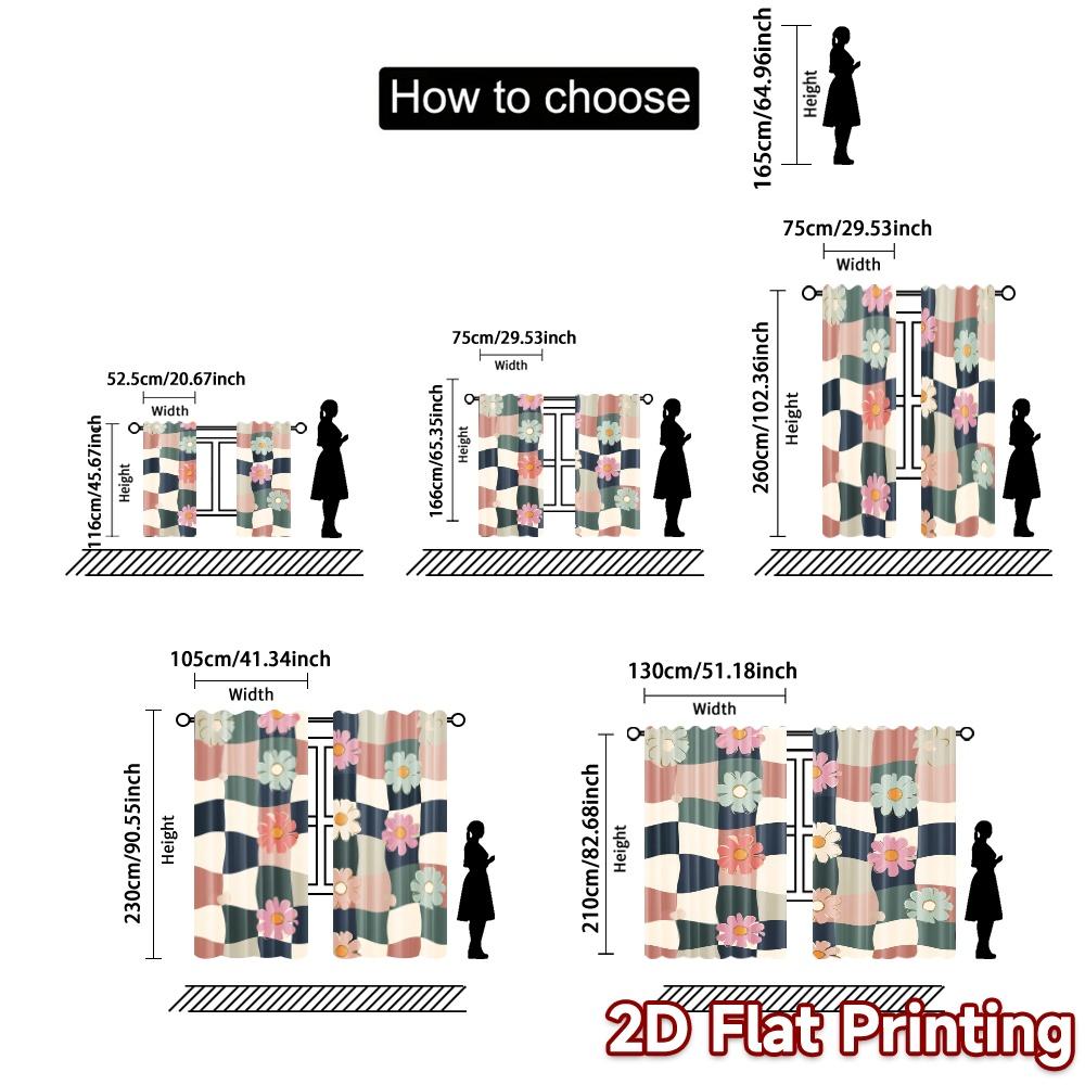 2D Flat Printing  JIT 2pcs   Curtains (Without Rod) Checkered Blooms Popular Popular Curtain Machine Washable Fabric Curtains