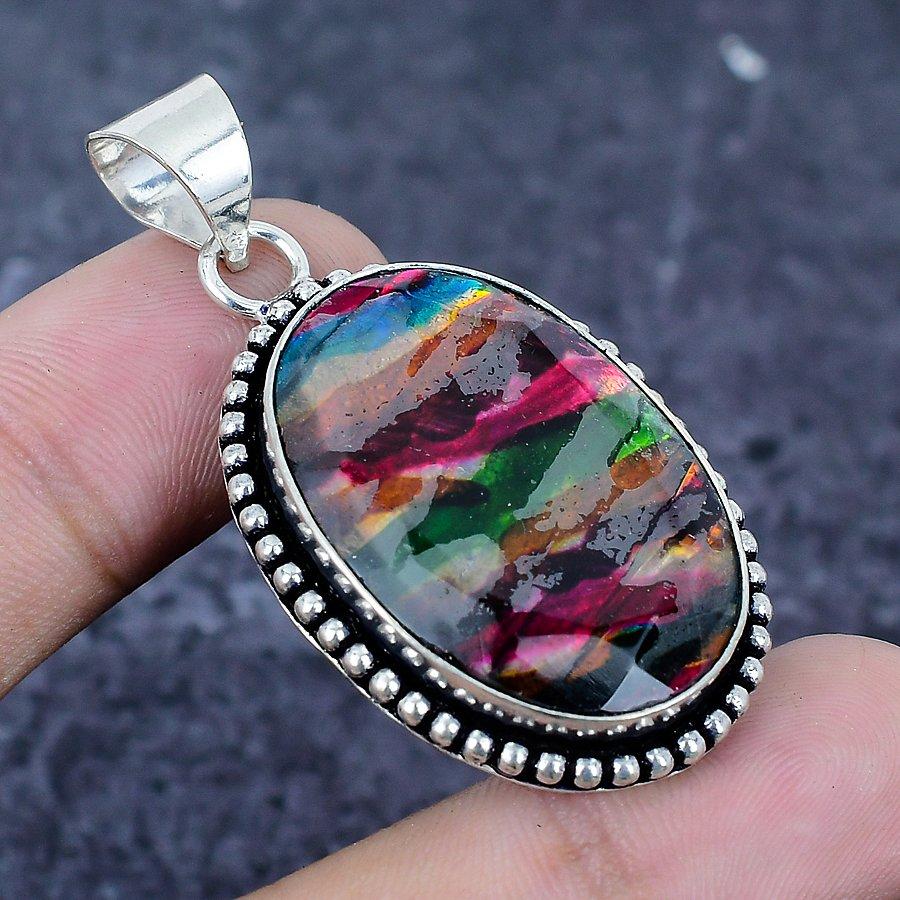 Natural Ammolite Gemstone 925 Sterling Silver Jewelry Pendant 1.97" u2n52