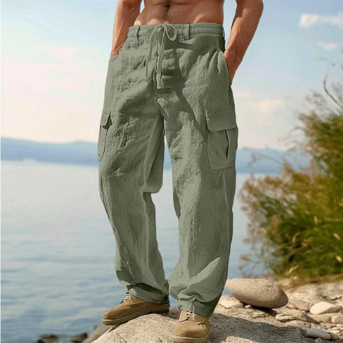 Men's Linen Four Seasons Thin Breathable Tooling Multi-Pocket Loose Casual Trend Wide Leg Pants