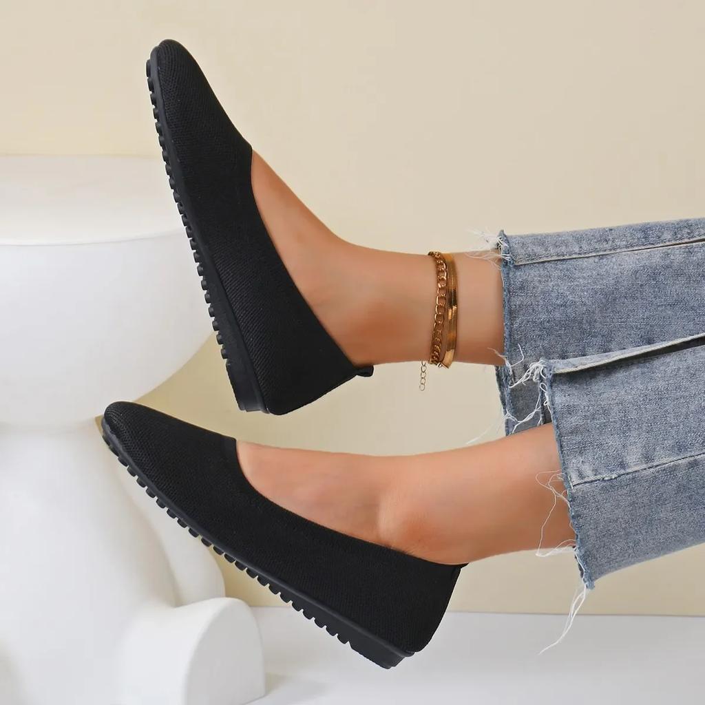 Fashion Women's Round Toe Flat Shoes Solid Color Knitted Slip on Shoes Casual Breathable Ballet Flats Comfortable Women Flat Loafers