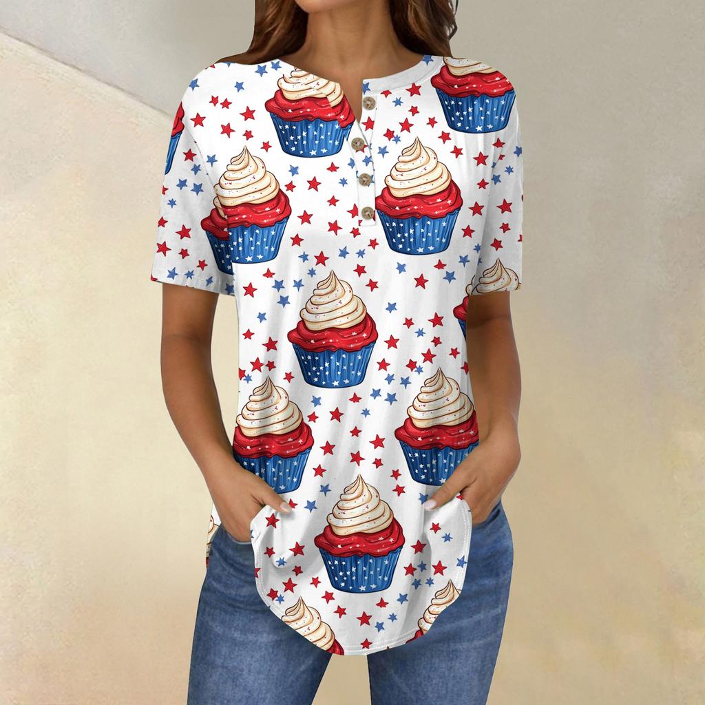Short Sleeve Womens Tops Summer T-Shirts Print V Neck Casual Basic Tee Button Shirts Tunic Tops Independence Day
