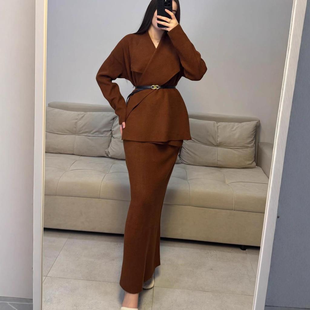  cross-border European and American autumn new cardigan temperament V-neck belt long-sleeved temperament hip-wrapped long skirt women's clothing