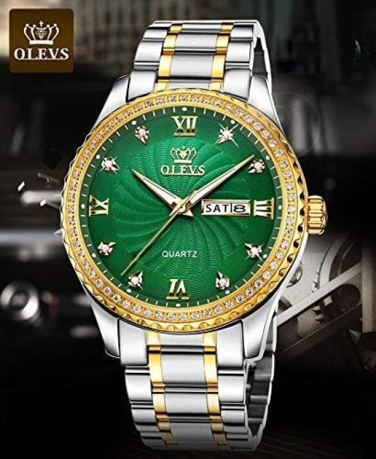 OLEVS Men's Business Watch with Metal and Stainless Steel Band, Analog Display, Stylish Casual Watch (Silver-White with Green Dial)