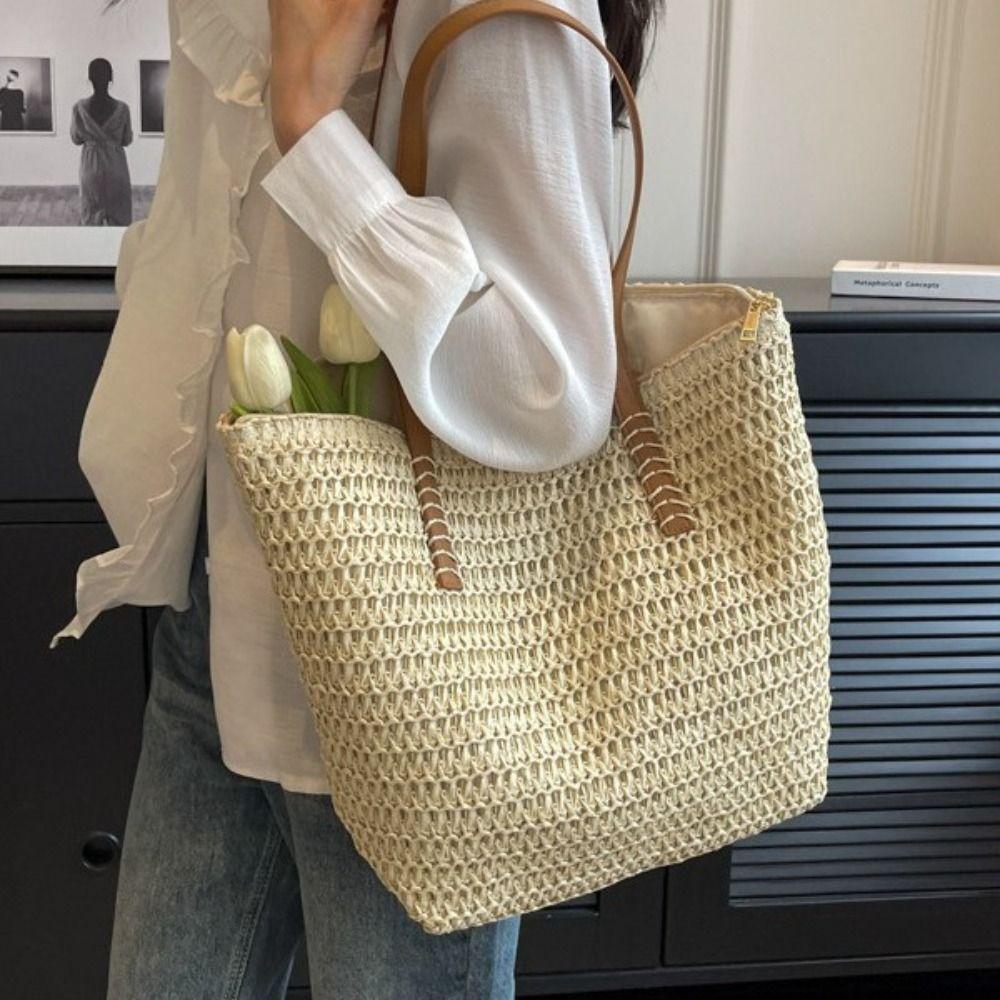 Bohemian Style Zipper Beach Bag Solid Color Hollow Tote Bag Simple Weave Straw Bag Shopping