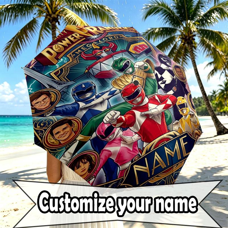 Custom Name Personalized Power Rangers Print Umbrella, Auto Open Close, 8‑Rib Sturdy Frame, Commute Camping Hiking Use, Birthday Gift