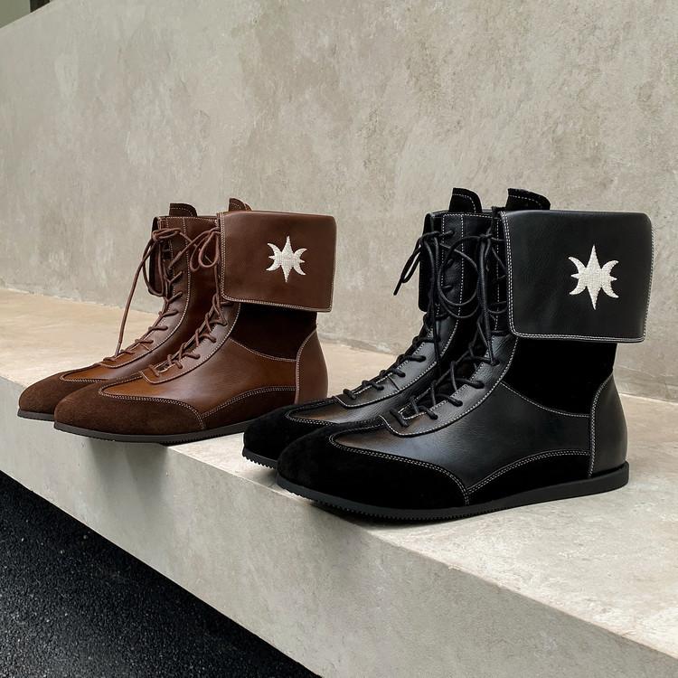 Leather Martin Boots Women's 2025 Autumn and Winter New Color Matching Wasteland Wind Round Head Side Zipper Short Boots Comfortable and Versatile Boo