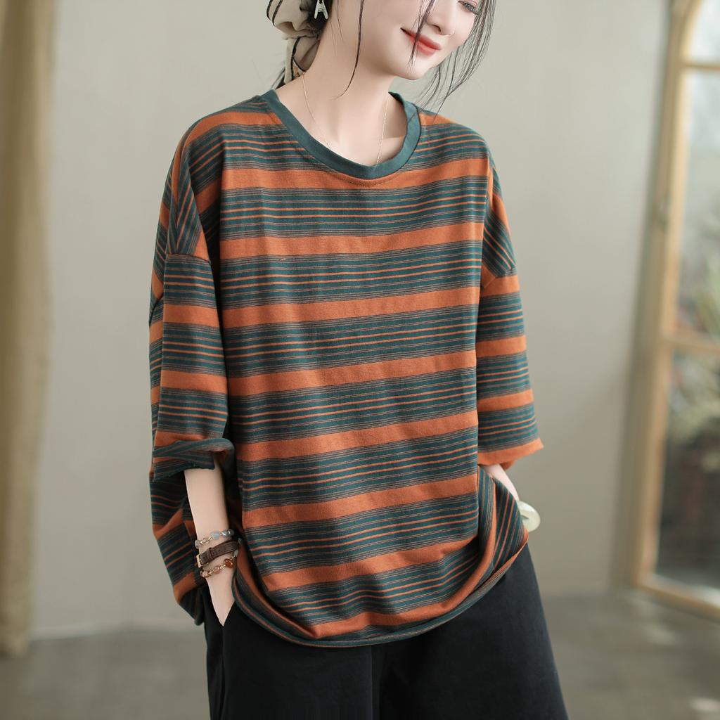 DIMANAF 2025 Summer T-shirt Women Spliced Stripe Printing Short Sleeve Loose Black