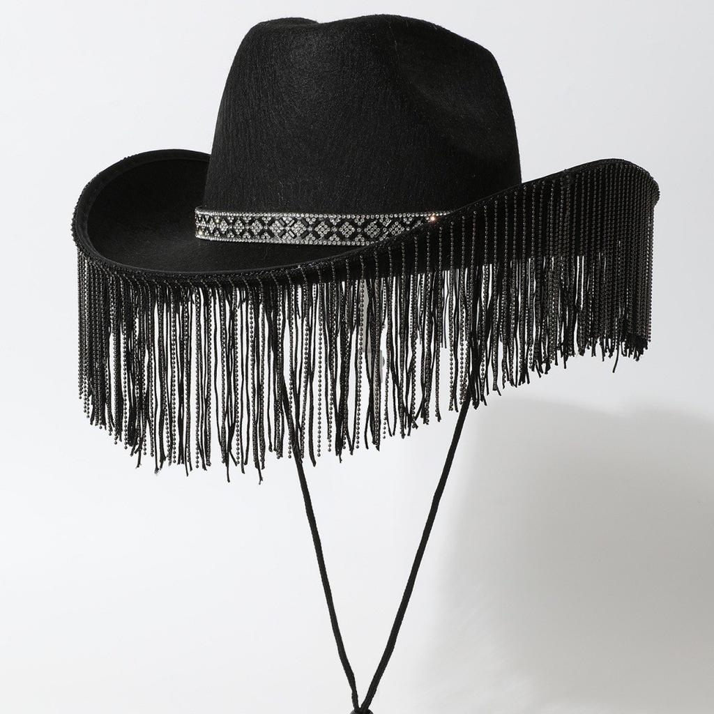 Halloween European and American fashion versatile holiday party party rhinestone decorated cowboy hat personalized fringed chain performance