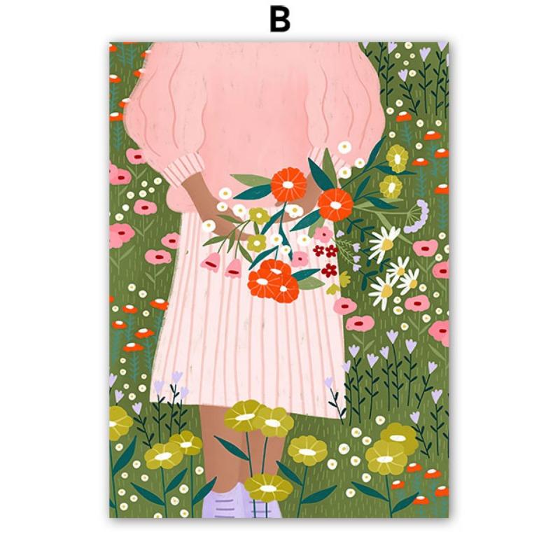 Boho Fashion Girl Flowers Vase Illustration Wall Art Canvas Painting Abstract Poster And Prints Pictures For Living Room Decor