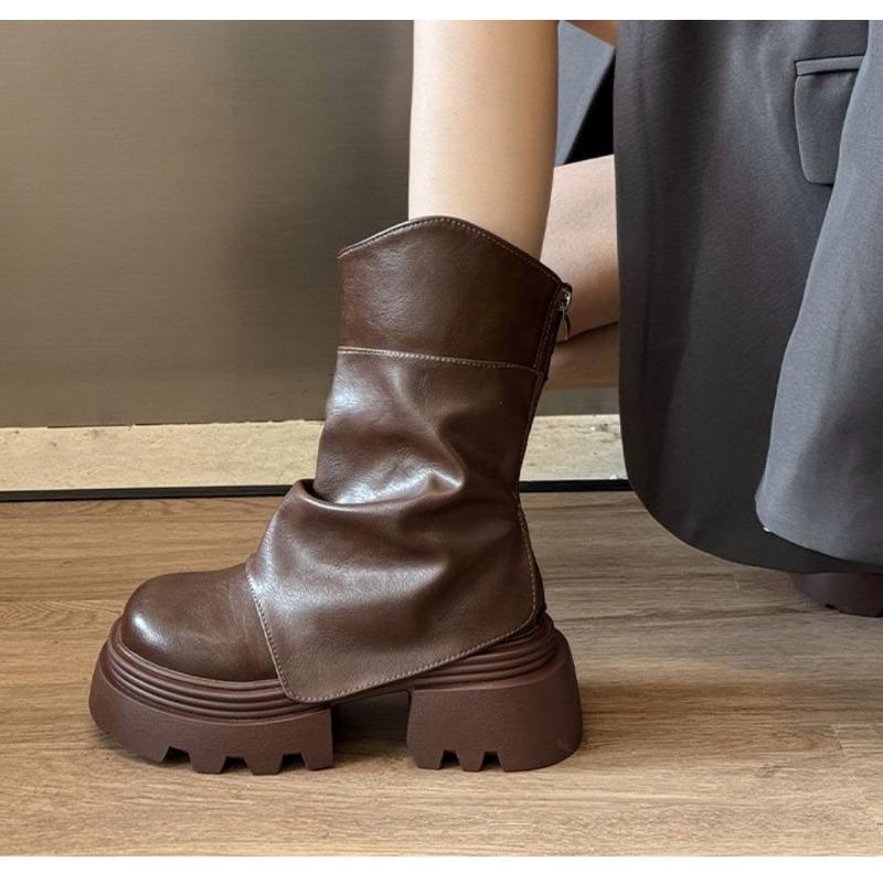 Fashion Women Fashion Mid Calf Thick Boots Splicing Pleated Designer Winter 2025 Trend Vintage Women Shoes Leather Punk Modern Boots
