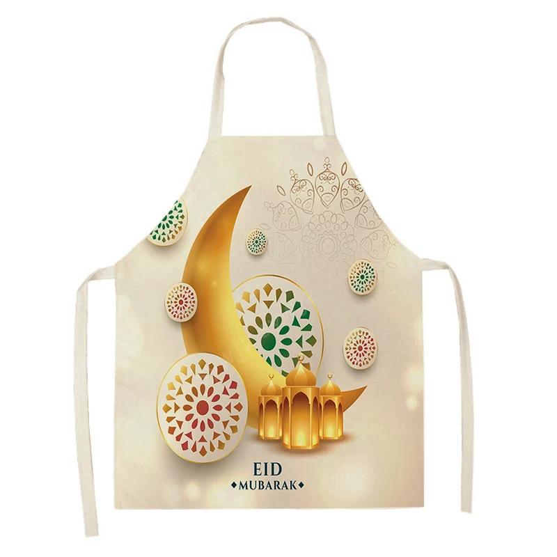 Chef Apron Muslim Eid Printed Kitchen Women Ramadan Karim Home Cooking Baking apron Star Crescent Waist Pocket decoration