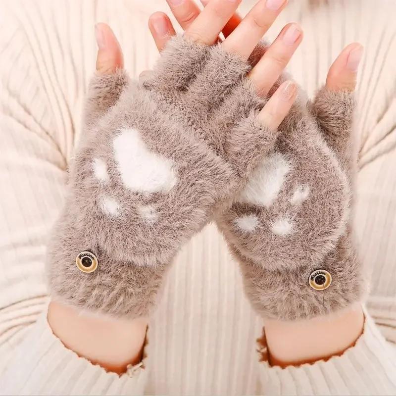 Winter Cute Cartoon Cat Paw Gloves Wholesale Warm Fleece Lined Thick Flip Cover Gloves Student Half Finger Knitted Gloves