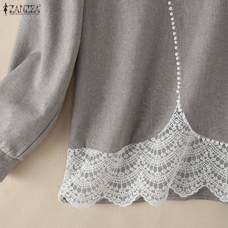 ZANZEA Women Casual V Neck Long Sleeve Lace Splice Blouse