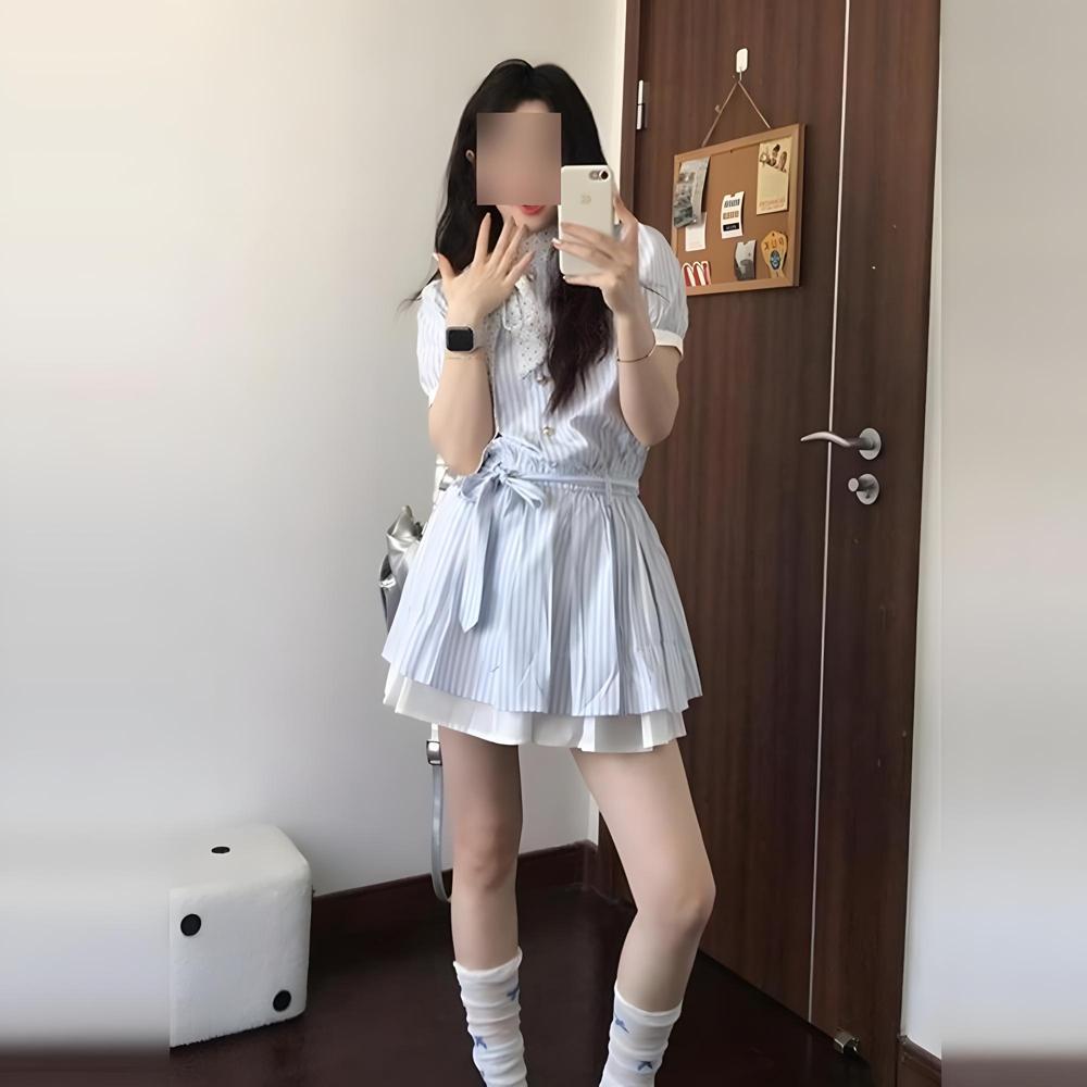 New Striped Shirt Bubble Sleeve Dress Versatile Women's Summer Korean College Style Design Waist Short Skirt