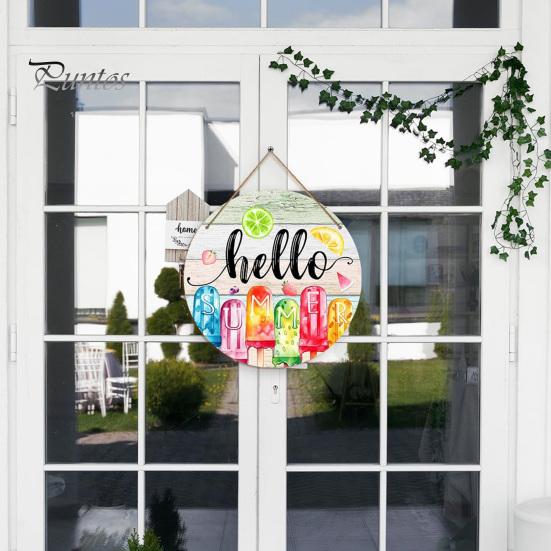 Tropical Wall Decor Hello Summer Door Sign, Ice Pop Flip Flop Welcome Hanger, Coastal Hanger Farmhouse Hanging Wooden Wreath for Front Home