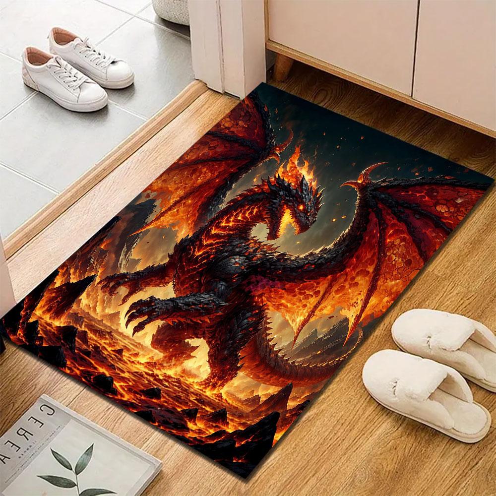"Fiery Lava Dragon in Volcanic Landscape" Patterned carpet, suitable as a non slip play mat for the living room and bedroom sofa