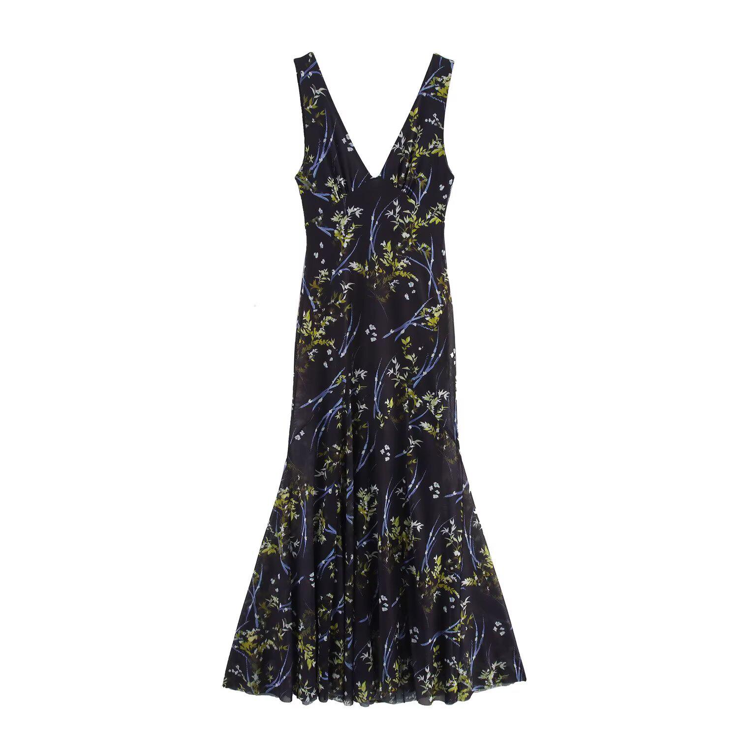 

2025 Spring/Summer Women s Floral V-Neck Sleeveless Dress S чёрный