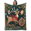 1pc Soft Warm Flannel Blanket - Heavyweight 280GSM All-Season Cozy Throw - Elegant Deer & Reindeer Christmas Design In Green, Golden, Red, White, Brow