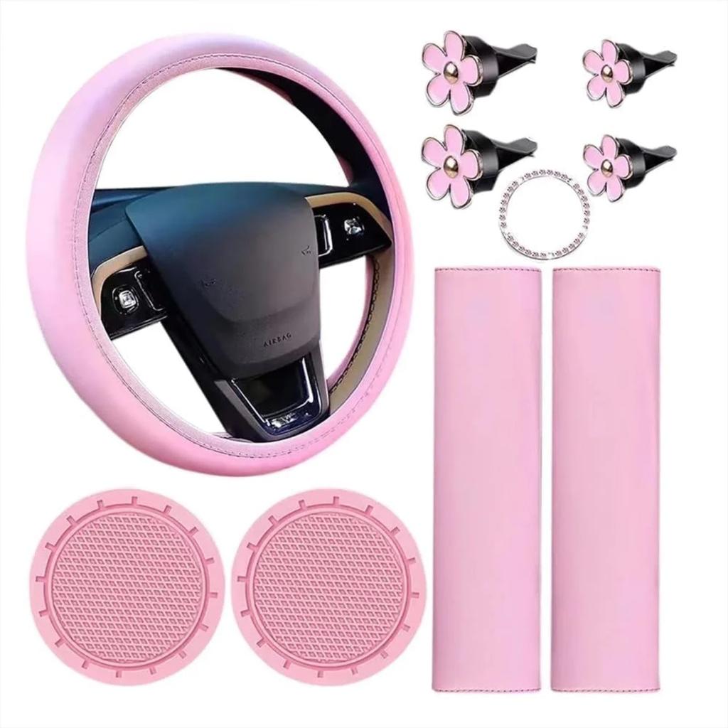 10pcs Women's Leather Steering Wheel Cover, Car Accessories Set With Seat Belt Shoulder Pads,  Start Button Ring Sticker, Vent Clip, Car Accessories