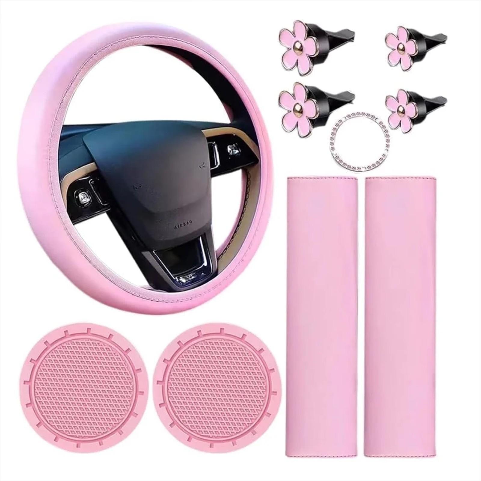 

10pcs Women s Leather Steering Wheel Cover, Car Accessories Set With Seat Belt Shoulder Pads, Start Button Ring Sticker, Vent Clip, Car Accessories One Size рожевий
