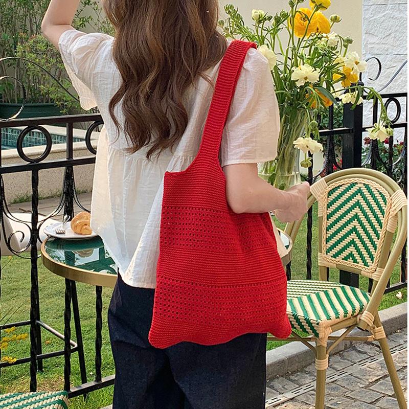 Summer New Simple Style Mesh Handbag Shopping Beach Bag Knit Shoulder Bag Women's Hollow Out Large Capacity Totes AVE