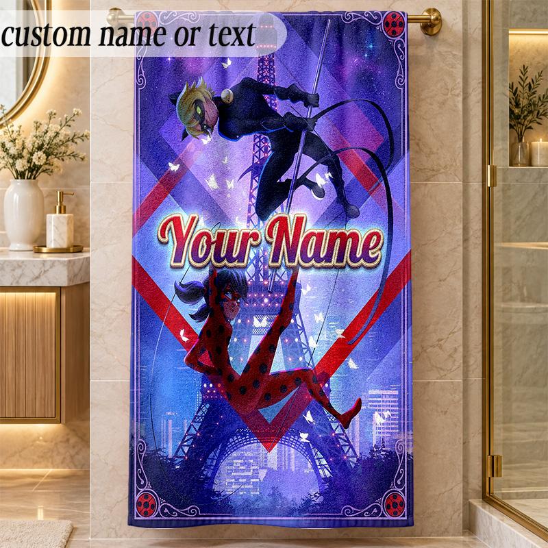 Beach TowelMiraculous Ladybug Custom Name Text Personalized Soft Towel for Beach Pool Indoor Home Decor Gift